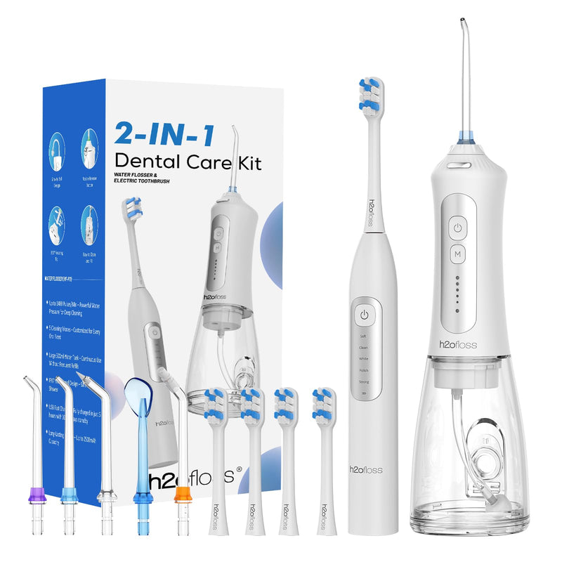 H2ofloss Sonic Electric Toothbrush and Water Flosser Combo, Rechargeable 2000mAh Toothbrush and 2500mAh Oral Irrigator with 300ml Tank, 4 Brush Heads, 5 Nozzles, 2 in 1 for Home and Travel (White) White