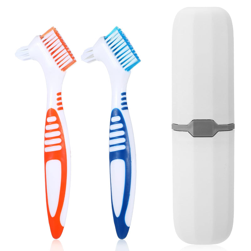 2Pcs Denture Brushes, Denture Cleaning Brush Set with White Carrying Case Dentures Toothbrushes with Multi-Layered Soft Bristles and Rubber Anti-Slip Handle(Blue + Orange)