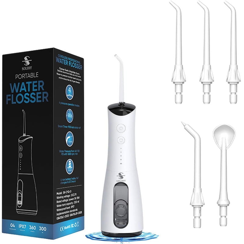 Cordless Water Flosser, Water Dental Flosser, Rechargeable Irrigation Cleaner,4 Modes Portable Water Flosser with 5 Nozzles, Water Flossers for Teeth, Dental Tools (White) White