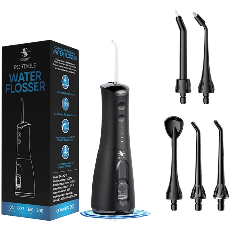 Cordless Water Flosser, Water Dental Flosser, Rechargeable Irrigation Cleaner,4 Modes Portable Water Flosser with 5 Nozzles, Water Flossers for Teeth, Dental Tools (Black) Black