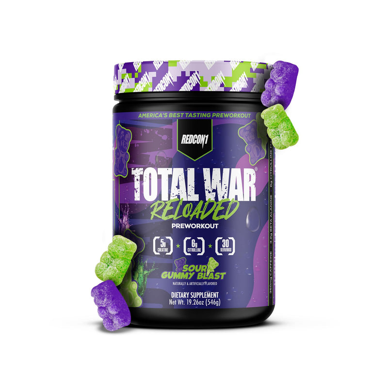 REDCON1 Total War Reloaded Pre Workout, Sour Gummy Bear - Creatine, Beta Alanine + L-Citrulline Malate Keto Friendly for Men & Women with 350mg of Caffeine - Fast Acting (30 Servings) NEW Sour Gummy Bear (Reloaded) - 30 Servings