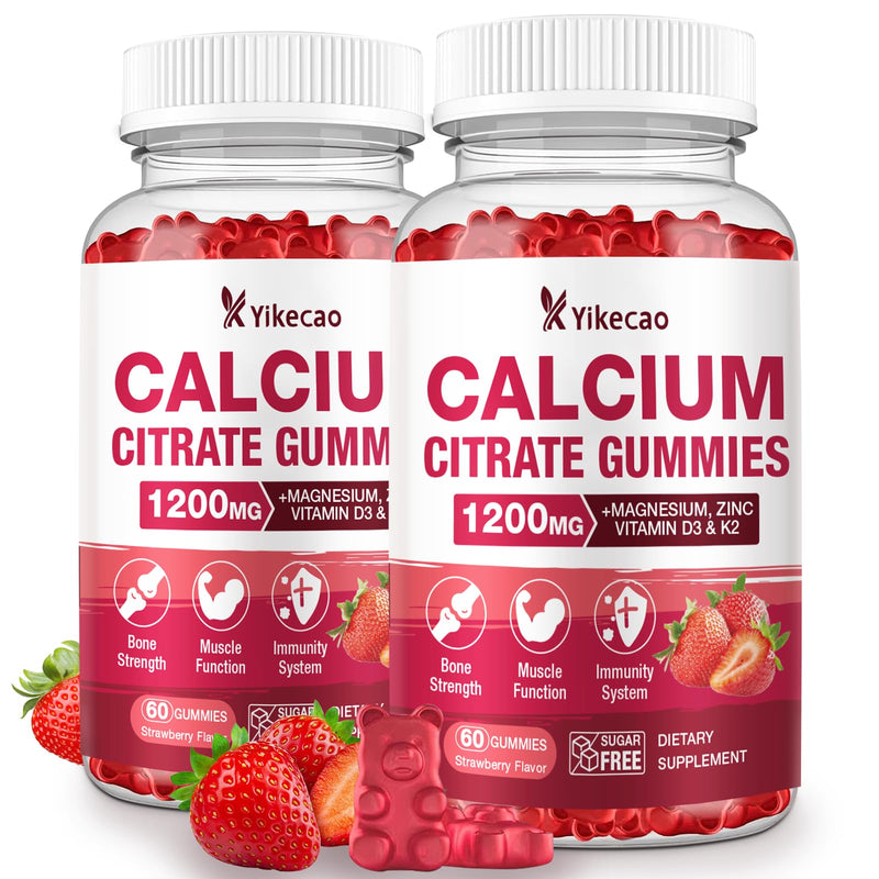 2 Pack Calcium Citrate Gummies 1200mg, Calcium Supplements for Women & Men, Calcium Gummies with Vitamin D3, K2, Magnesium, Zinc, Potassium, Muscle & Immune Support, Strawberry Flavor, 120 Count 2pack