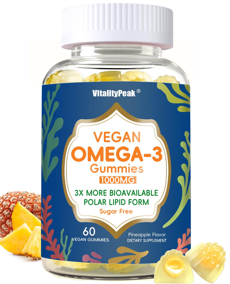 Vegan Omega 3 Gummies 1000mg - Algae Omega 3 Supplement for Women & Men with CoQ10, Vitamin D3, K2 & Turmeric - Fish Oil Alternative for Adults with DHA EPA for Brain, Eye- Sugar Free, 60 Count 60 Count (Pack of 1)