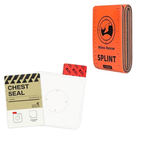 RHINO RESCUE Bundle-Vented Chest Seal, 4 Vents, Sterile Emergency Trauma Dressing, Occlusive Adhesive Pad+First Aid Splint 36" X 4.3" Orange-Gray, Keep Bones in Position