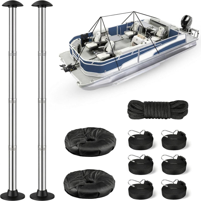 Pontoon Cover Support Poles with Ring Sandbag Much More Stable,Adjustable Boat Cover Support System Won't Retract for Pontoon,Jon,Bass,V-Hull Boat with Heavy Duty Straps,Stainless Steel Height: 56 Inches - BeesActive Australia