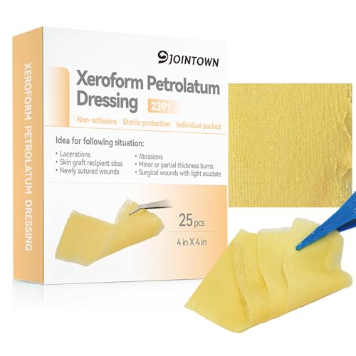 Jointown Xeroform Petrolatum Dressing Bandages, Soft Mesh Gauze Patch for Wound Care, Burns, Lacerations, Skin Grafts & Surgical Incisions, 4"x4", 25 Individual Pack 4"×4"