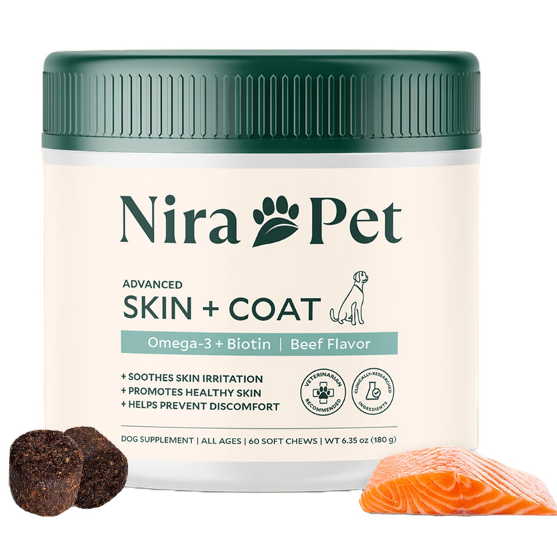 Nira Pet Skin and Coat Supplement for Dogs – Beef Flavor – 60 Soft Chews with Omega 3, EPA, DHA, and Biotin