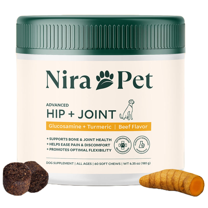Nira Pet Hip and Joint Supplement for Dogs – Beef Flavor – 60 Soft Chews with Glucosamine, MSM, Chondroitin, Turmeric & Collagen – Supports Mobility, Stiffness & Joint Health
