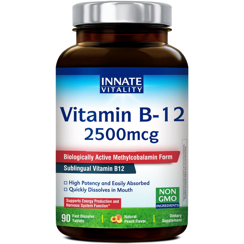 Innate Vitality Vitamin B12 2500mcg, Sublingual Methylcobalamin, Extra Strength for Energy Metabolism, Mental Clarity, Nervous System Health, Peach Flavor, Zero Sugar, 90 Fast Dissolve Tablets 90 Count (Pack of 1)