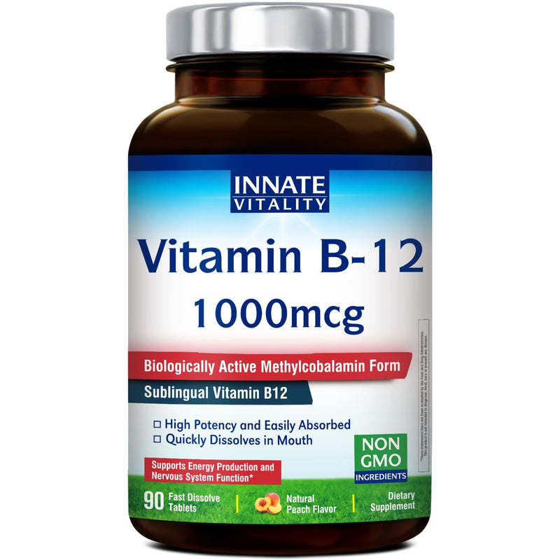 Innate Vitality Vitamin B12 1000mcg, Sublingual B12 Methylcobalamin, for Energy Metabolism, Mental Clarity, Nervous System Health, Peach Flavor, Zero Sugar, 90 Fast Dissolve Tablets