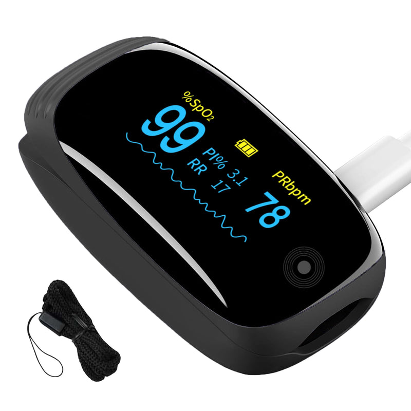 Fingertip Pulse Oximeter with Respiration Rate & Respiratory Monitoring SpO2, Heart Rate, PI & RR Measurements, Blood oximeter Rechargeable 6 Display Modes & 4-Way Rotatable Screen for Home & Sports UseÔºàBlackÔºâ