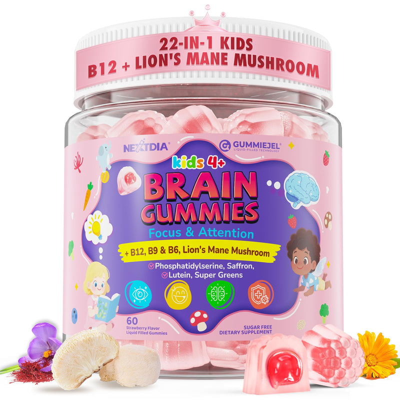 Kids Brain Gummies, Focus Supplement w/Lions Mane Mushroom, Brain Vitamins | Phosphatidylserine, B6, Methyl B12 & B9, Saffron for Focus & Attention, Cognitive, Vision, Energy, Sugar Free, Vegan, 60 Ct 60 Count (Pack of 1)
