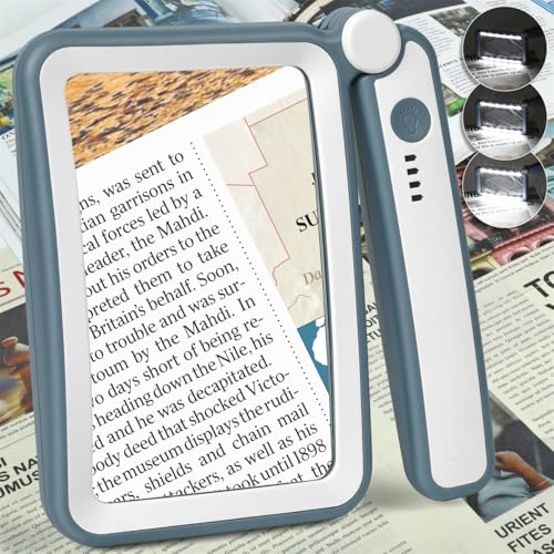 Magnifying Glass for Reading, Rechargeable 5X Large Page Magnifier with Light, Folding Handheld Dimmable Rectangle Lighted Magnifier for Reading Book Small Print for Seniors Low Vision, Blue White 5X/500%