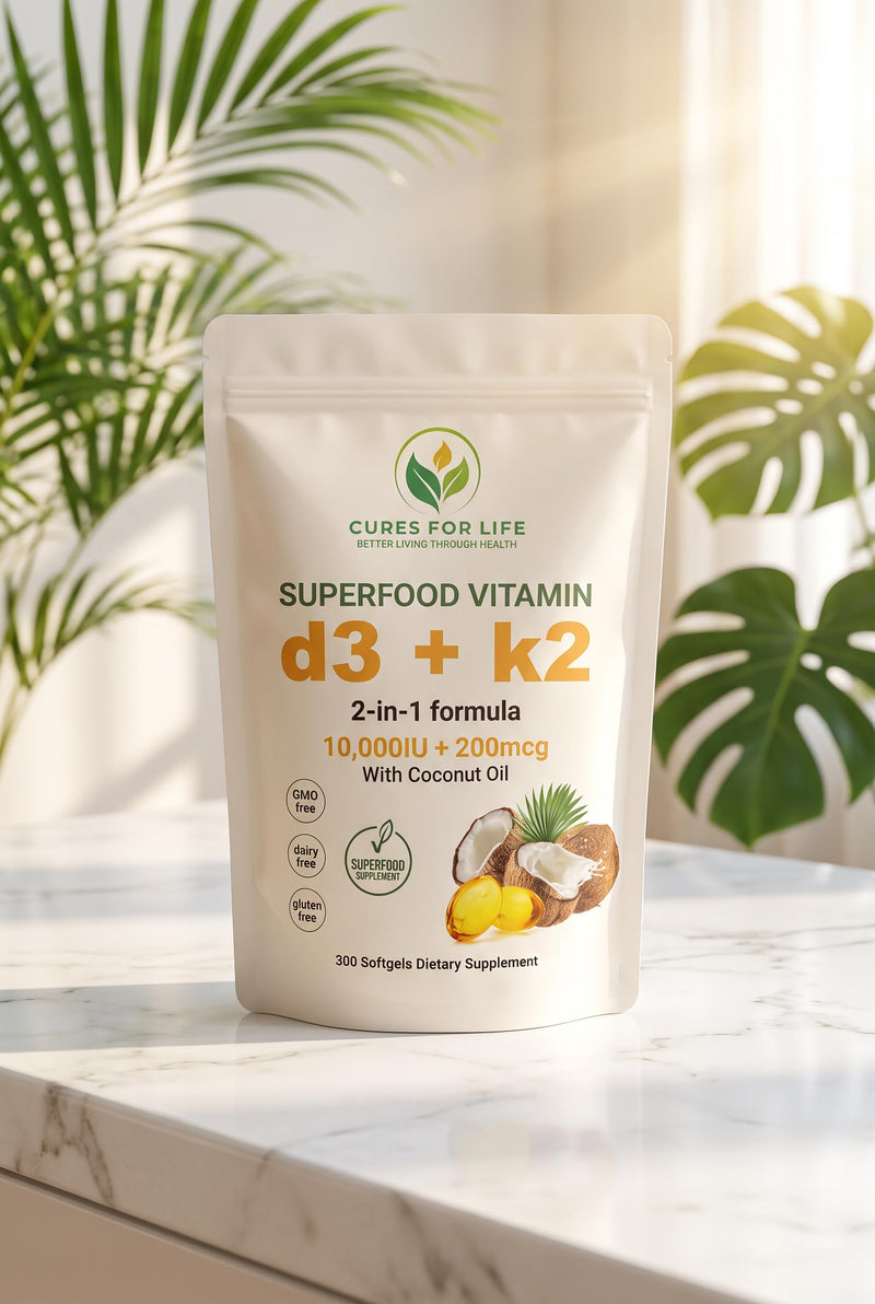 Vitamin D3 + K2 Supplement 10,000 IU & 200 mcg - Infused with Coconut Oil for Max Absorption - Bone & Immune Support - Non-GMO, Gluten Free - 300 Softgels