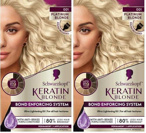 Schwarzkopf Keratin Blonde Hair Dye Platinum Blonde 001, Ultra Lightening Kit, 1 Application - Hair Bleach Enriched with Keratin, Lightens up to 9 Levels and Protects Hair from Breakage (Pack of 2) 7.1 Fl Oz (Pack of 2)