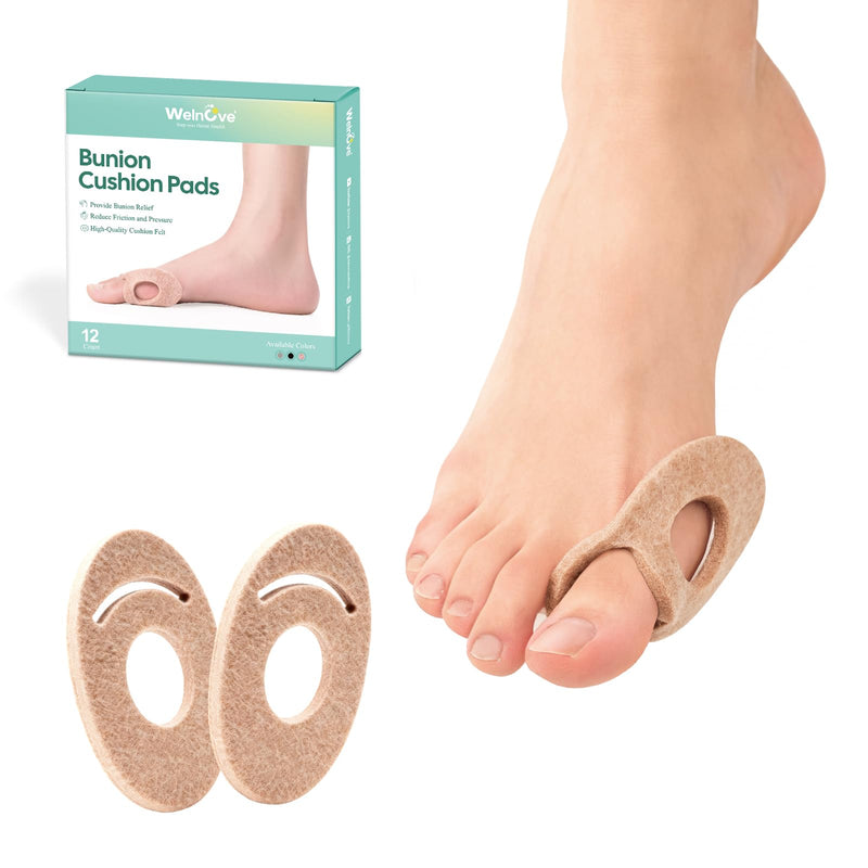 Welnove Bunion Pain Relief Pads, Removable Bunion Pads for Men and Women, Corn Pads for Toes, Metatarsal Cushion, Alleviates Shoe Friction to Wear with Shoes - 12 Count Beige