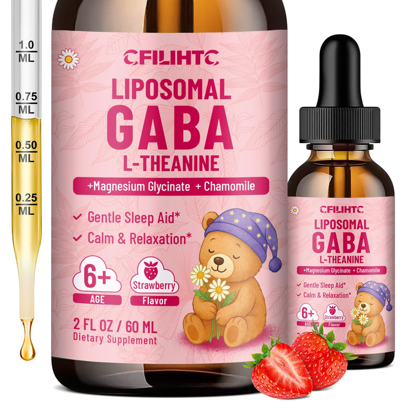 Liposomal GABA L-Theanine Drops for Kids - Liquid GABA Supplement with Magnesium, Chamomile, Lemon Balm & Vitamin B6 - Support Relaxation, Focus & Stress Relief for Kids & Adults - Strawberry Flavor 2 Fl Oz (Pack of 1)