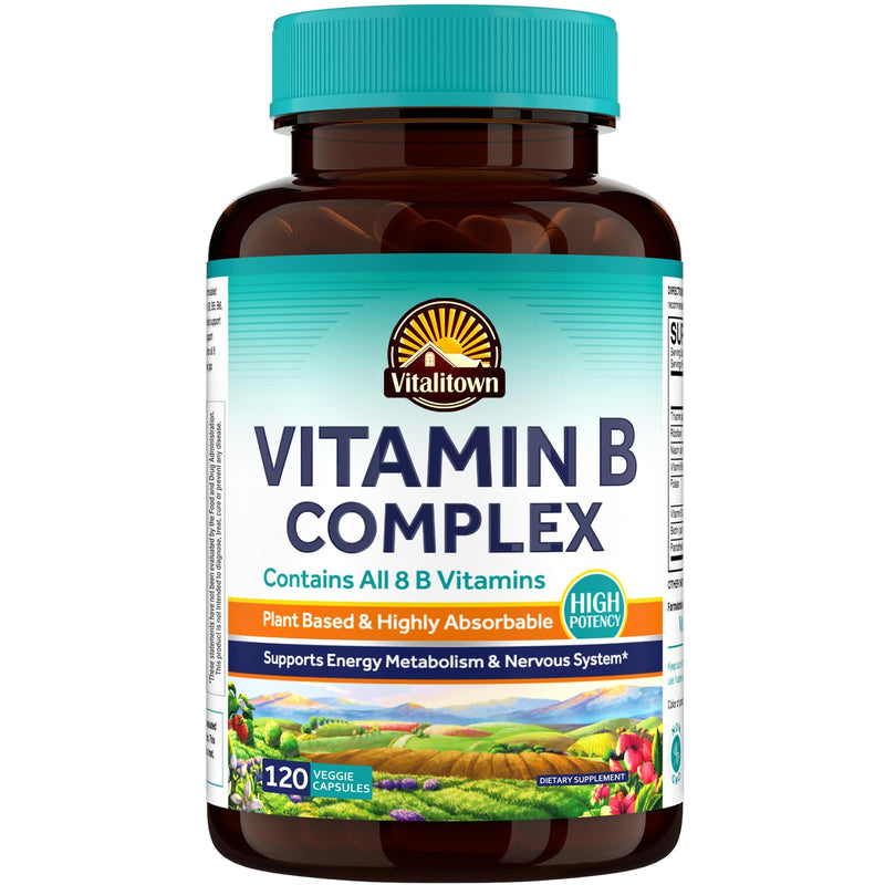 Vitalitown Vitamin B Complex Capsule for Women and Men, Tissue-Ready All 8 B Vitamins, Folic Acid Biotin B1 B2 B3 B6 B12, Healthy Cellular Energy Metabolism & Nervous System Support, 120 Capsules