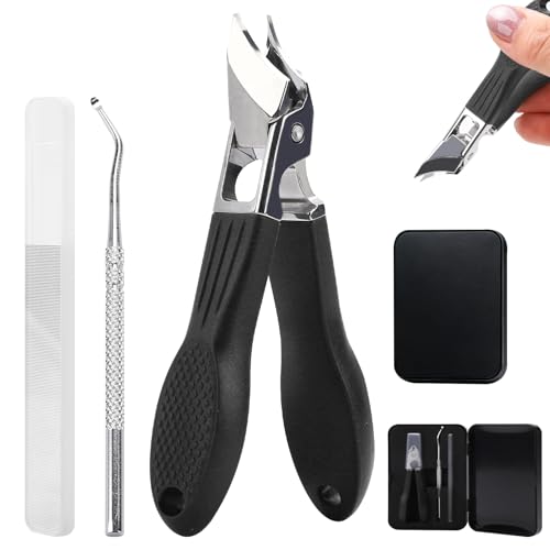 Eagle Beak Nail Clippers for Ingrown & Thick Nails – Beveled/Slanted/Angled Blades, Long Handle Wide Jaw, Anti-Splash Ultra Sharp Stainless Steel Edge 3-Piece Set for Men/Women (Black) Black