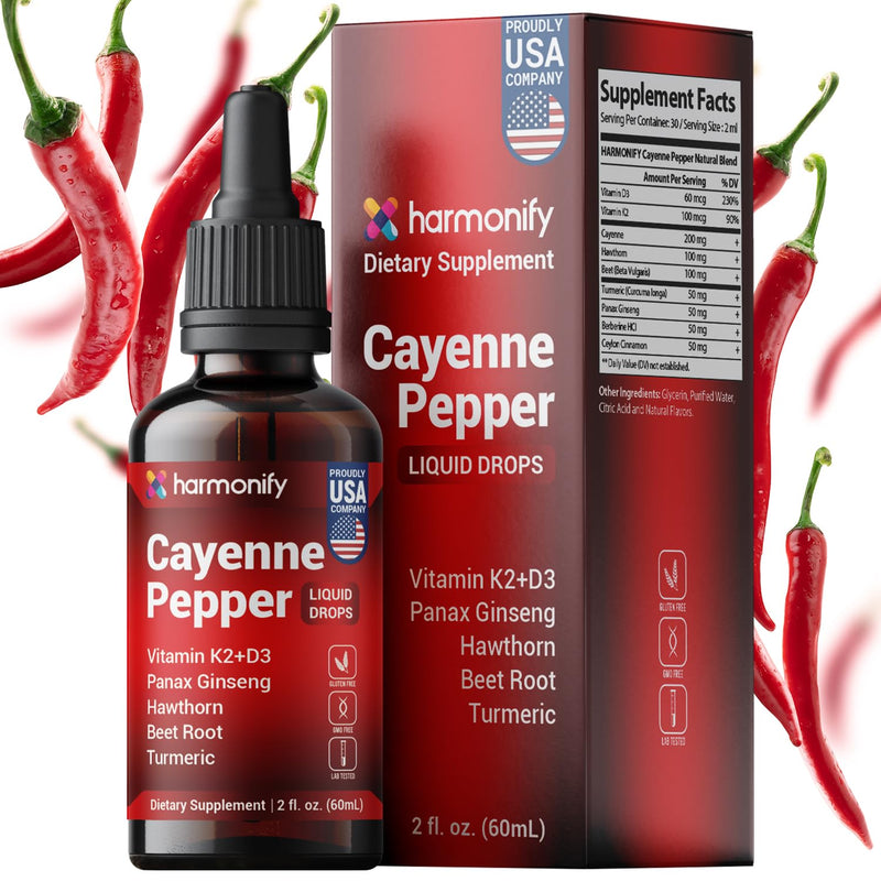 Cayenne Pepper Liquid Drops with Vitamin D3 & K2, Hawthorn, Beet Root, Turmeric, Panax Ginseng, Berberine & Ceylon Cinnamon - Quality Supplement for Daily Wellness - 2 fl oz (60mL)