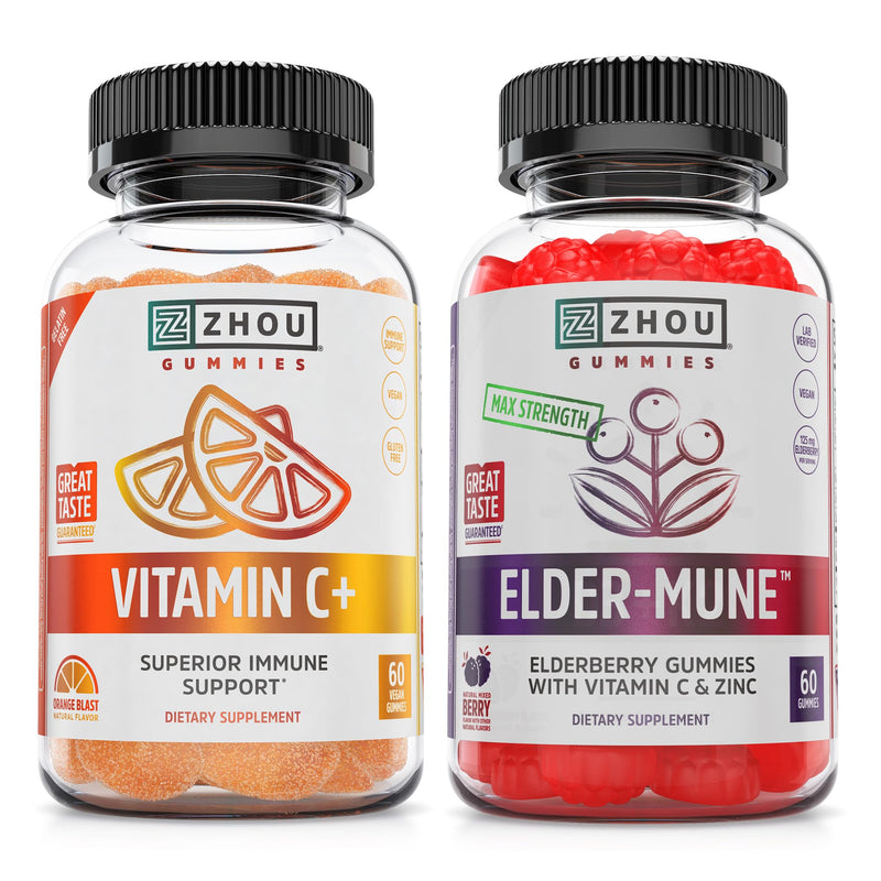 Zhou Immune Support Bundle - 60 Elderberry & 60 Vitamin C Gummies | Elder-Mune Elderberry & Vitamin C Gummies for Adults & Kids, Daily Natural Immune Support Supplements for Women & Men 60 Count (Pack of 2)