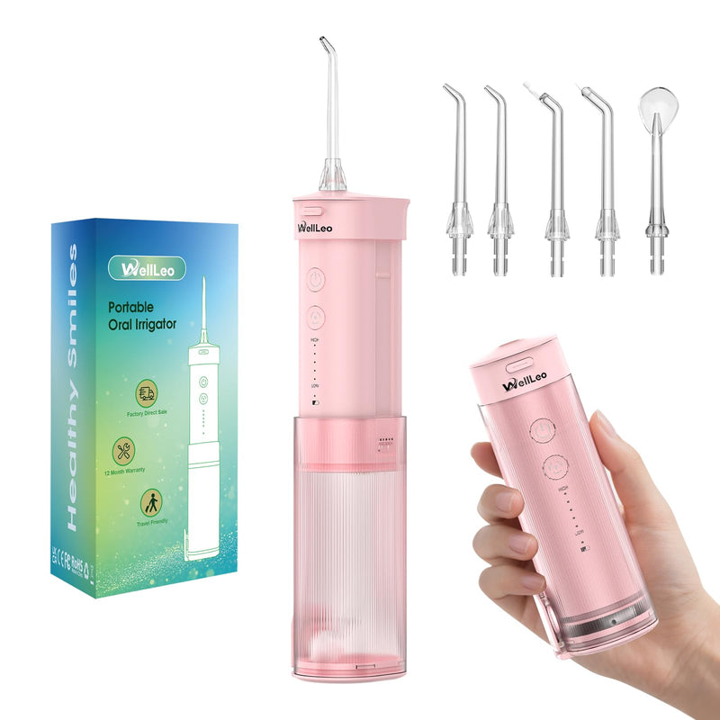 Mini Water Flosser for Teeth,Travel Dental Flosser Picks, Portable Oral Irrigator with Telescopic Water Tank, 5 Modes IPX7 Waterproof Tooth Flosser for Brace, Sensitive Teeth, with Storage Bag Pink