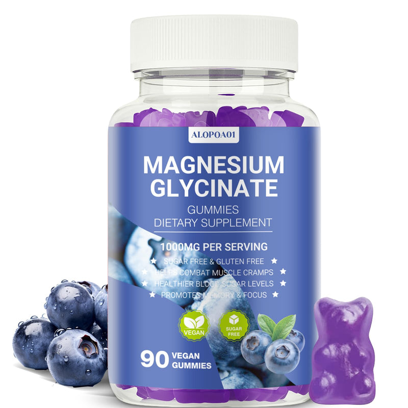 Magnesium Glycinate Gummies 1000mg, Non-GMO, Gluten-Free, Magnesium Supplement Gummies for Adults & Kids, Sleep, Relaxation & Focus, Blueberry Flavor, 90 Count