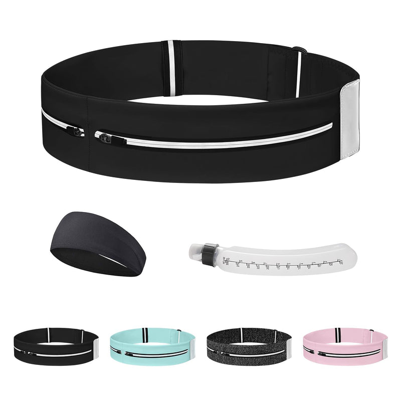 Running Belt with Water Bottle & Headband, No-Bounce Hydration Belt Adjustable Reflective Waterproof Fanny Pack for Women & Men, Fits All Phones (M-Black) Medium Black
