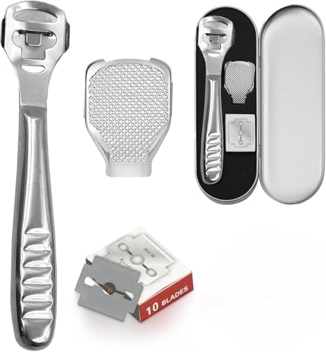 Professional Foot File Callus Remover Set, Stainless Steel Pedicure Tool with Storage Case, 10 Replacement Blades, Hard Skin Shaver for Feet Care