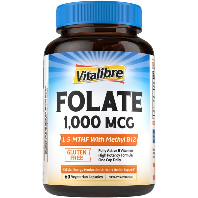 Vitalibre Methyl Folate 1000 mcg, L-5-MTHF with Methylcobalamin B12, Heart & Blood Health, Healthy Nervous System, Energy Support, Vegan, Bioactive Form, Best Absorption, 60 Capsules 60 Count (Pack of 1)