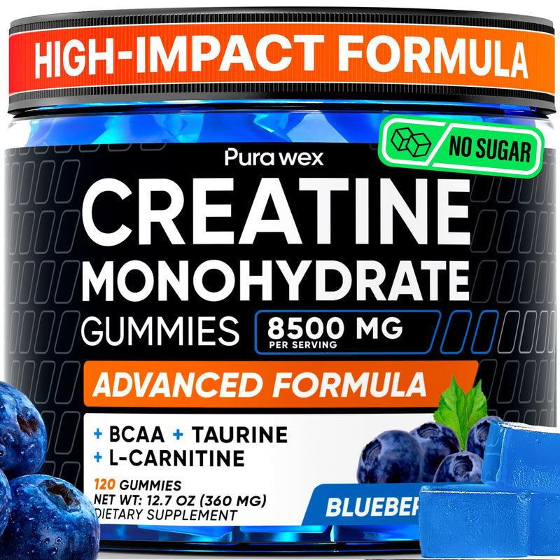 Creatine Monohydrate Gummies 8500mg Complex for Men & Women - Pre Workout Creatine Chews for Muscle Growth, Strength & Energy, Sugar Free, Vegan, Blueberry Flavor - 120 Count