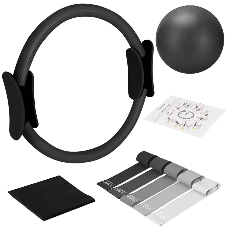 TOPZGLEEY Pilates Ring Set – 14" Anti-Deformation Magic Circle with Padded Handles, Mini Ball, 5 Resistance Bands, Guide, Pilates Equipment for Home Workout BLACK