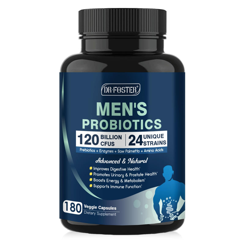 DRFOSTER Probiotics for Men Digestive Health, 120 Billion CFU, 180 Capsules | with Enzymes & Prebiotics & Saw Palmetto & Cranberry for Gut, Prostate & Urinary Tract Health, Shelf Stable 180 Count (Pack of 1)
