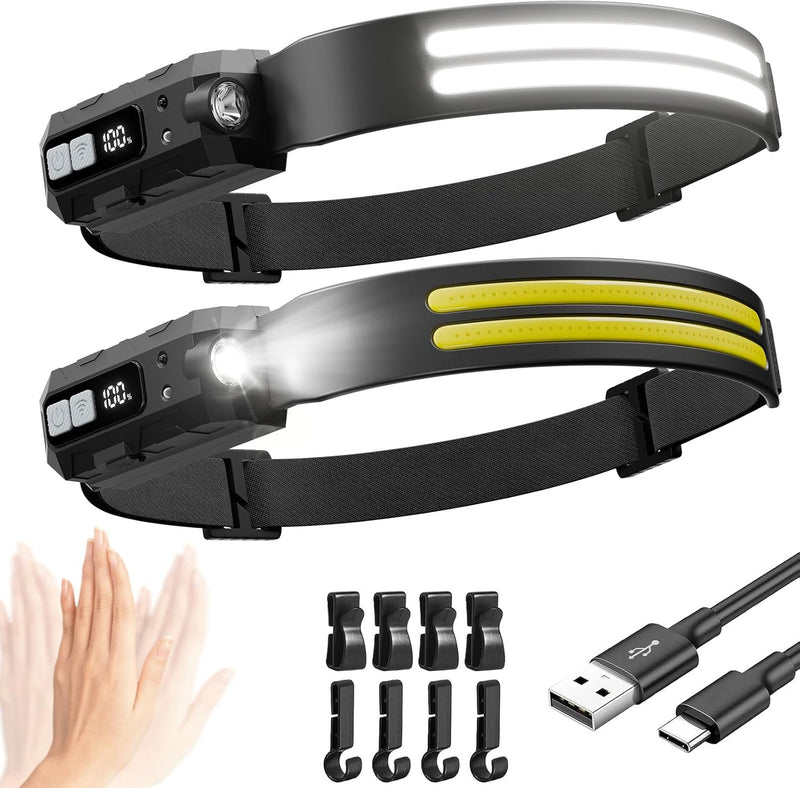 LED Headlamp Rechargeable with Red Light 2 Pack, 270° Wide Beam Head Lights for Forehead, 7Mode Head Lamp with Motion Sensor, LCD Digital Display, Waterproof Hard Hat Light for Camping Hiking Fishing Black with Red Light
