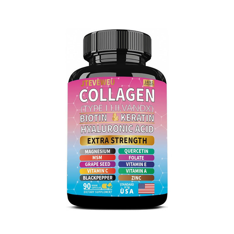 Collagen Supplement - Types I, II, III, V & X, MCG Biotin, Keratin, Hyaluronic Acid, Zinc, Grape Seed Extract, Quercetin, Vitamin A, Vitamin C, Vitamin E, Magnesium, Folic Acid（90 Capsules） 90 Count (Pack of 1)
