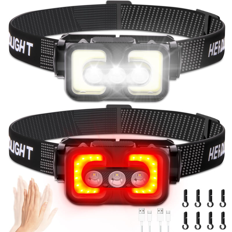 Rechargeable Headlamp with Red Light Motion Sensor Led headlamps for Adults Kids Waterproof Bright Hiking Headlights for Outdoor Camping Running Fishing 2 Packs