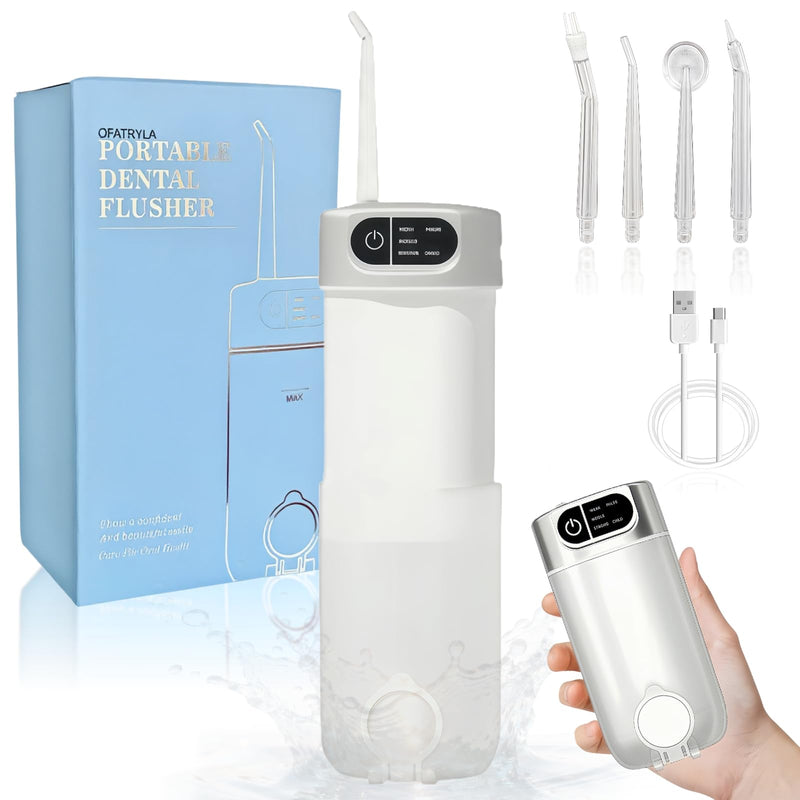 OFATRYLA Water Dental Flosser for Teeth,Cordless Portable Oral Irrigator with 300ML Telescopic Water Tank,5 Modes IPX7 Waterproof Travel Rechargeable Flossing Cleaning Picks for Brace,Gums White