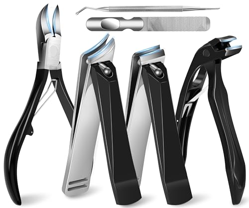 Toenail Clippers for Seniors Thick Toenails Angled Head Large Toe Nail Clippers Set Heavy Duty Ingrown Toenail Clippers with Long Handle Ultra Sharp Slanted Nail Cutter Wide Jaw 6Pcs Black