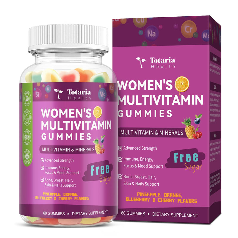 Totaria Sugar Free Multivitamin Gummies for Women 14+ w/Iron, Inositol, Folate, Biotin, Womens Daily Multivitamin Gummy w/Vitamin A, C, B, D3, K2, for Hair, Skin, Energy, Immune, Mixed Flavors 60 Count (Pack of 1)