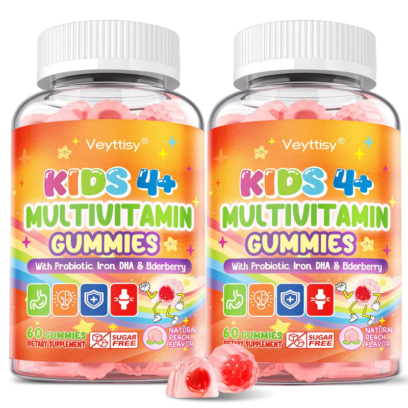 Sugar Free Kids Multivitamin Gummies - Kids Vitamins with Iron, Probiotics & Omega-3 for Healthy Growth - Plus Elderberry, Vitamin C, D3 & Zinc for Immunity - Ages 4-12, Natural Peach Flavor 60 Count (Pack of 2)