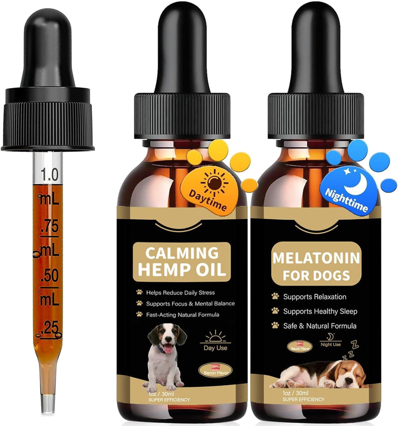 Hemp Oil & Melatonin for Dogs, Day & Night Calming Drops Support Set, Helps with Anxiety, Stress, Aggression, Separation, Sleep, Sеizures Rеlief - Organic Pet Calming Drops(Bacon Flavor)