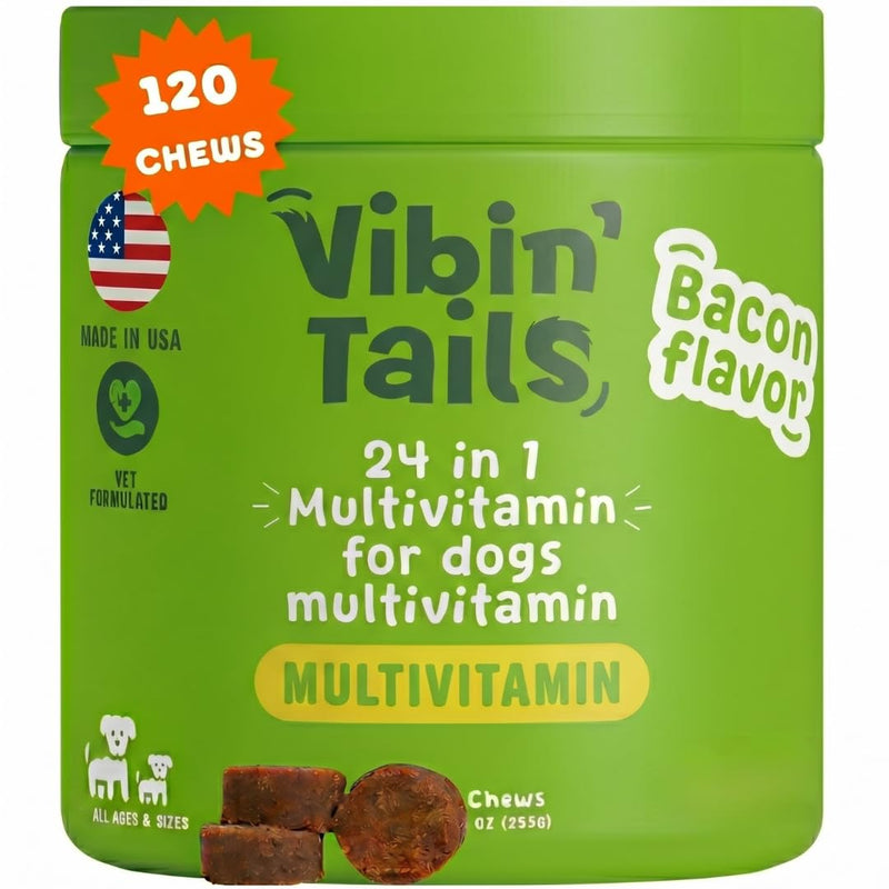 Vibin’ Tails 24-in-1 Dog Multivitamin, Glucosamine Chondroitin Hip & Joint Support, Probiotics & Omega-3, Skin & Coat - Puppy & Senior Chewable Dog Vitamins & Supplements Vet Formulated - 120ct Bacon Bacon - 120 Chews