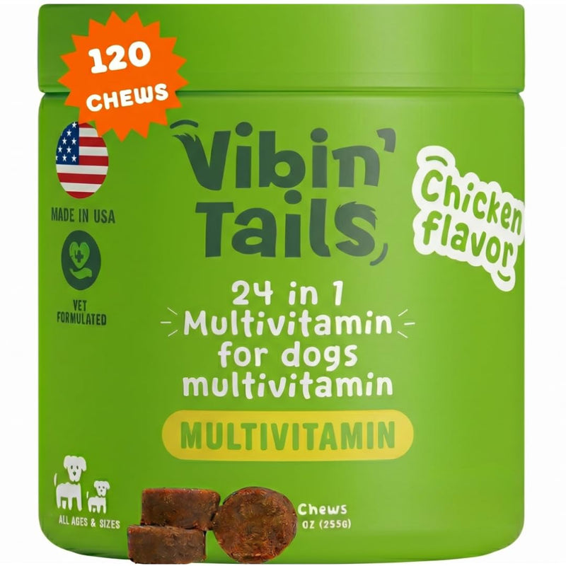 Vibin’ Tails 24-in-1 Dog Multivitamin, Glucosamine Chondroitin Hip & Joint Support, Probiotics & Omega-3, Skin & Coat - Puppy & Senior Chewable Dog Vitamins & Supplements Vet Formulated- 120ct Chicken Chicken - 120 Chews