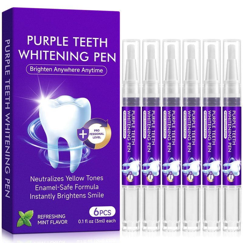 Teeth Whitening Pen 6 Pack, Professional Purple Teeth Whitening Gel for Rapid Stain Removal, No Sensitivity Formula for Sensitive Teeth, Mint Fresh Breath