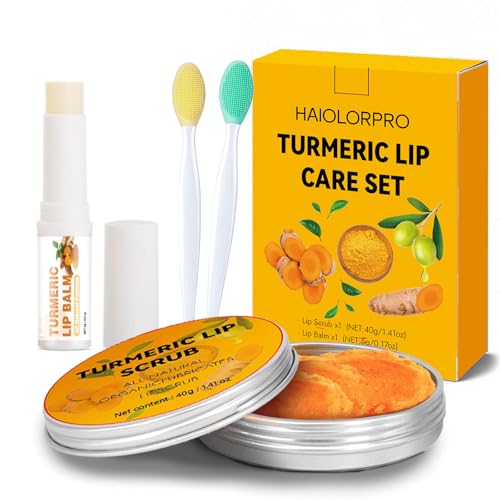 HAIOLORPRO 4PCS Turmeric Lip Scrub and Turmeric Lip Balm with Brush Set, Natural Lip Scrubber Exfoliator for Dry, Dull, Chapped, Dark lips, Reduces Fine Lines, Deeply Hydrates and Moisturizes yellow+green