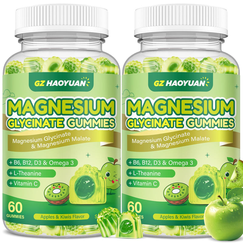 Magnesium Glycinate Gummies for Kids & Adults - Sugar Free Magnesium Malate with L-Theanine, Omega-3, Vitamin D3, B6, B12, C- Sleep, Calm, Relaxation, Brain, Bones, Green Apple & Kiwi, 60ct (2 Pack) Green Apples and kiwis 60 Count (Pack of 2)