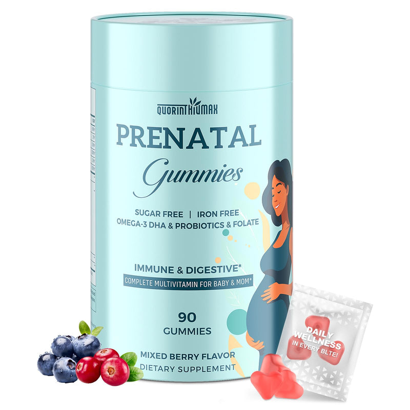 Quorinthiumax Prenatal Gummies Sugar Free 90 Count - Organics Prenatal Vitamins for Women with Folate, DHA & Probiotics - Iron Free Prenatal Vitamin Gummies for Immune & Digestive - 1 Bottle 90 Count (Pack of 1)