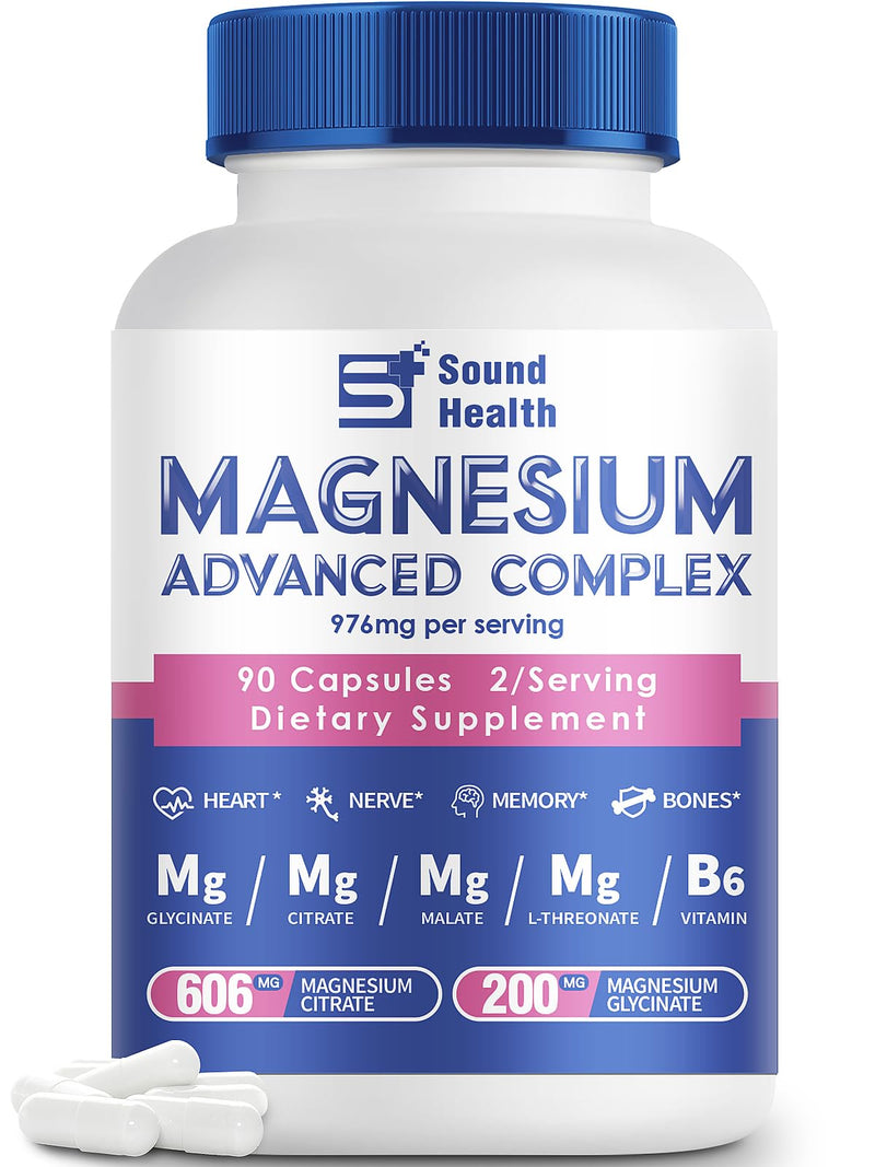 5 in 1 Magnesium Complex Capsule 976mg wtih Magnesium Glycinate, Citrate, Malate & Vitamin B6, High Absorption Magnesium Complex for Women & Men, Third-Party Tested, Vegan, Non-GMO 90 Count（Pcak of 1）