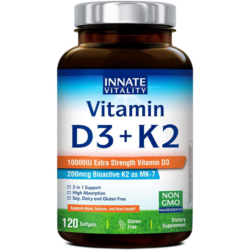 Innate Vitality Vitamin D3 K2, High Potency Vitamin D3 10000iu 120 Softgels | w/ Vitamin K2 (MK-7) 200 mcg, Supports Bone, Teeth, Heart & Immune Health Non-GMO, Gluten Free 120 Count (Pack of 1)
