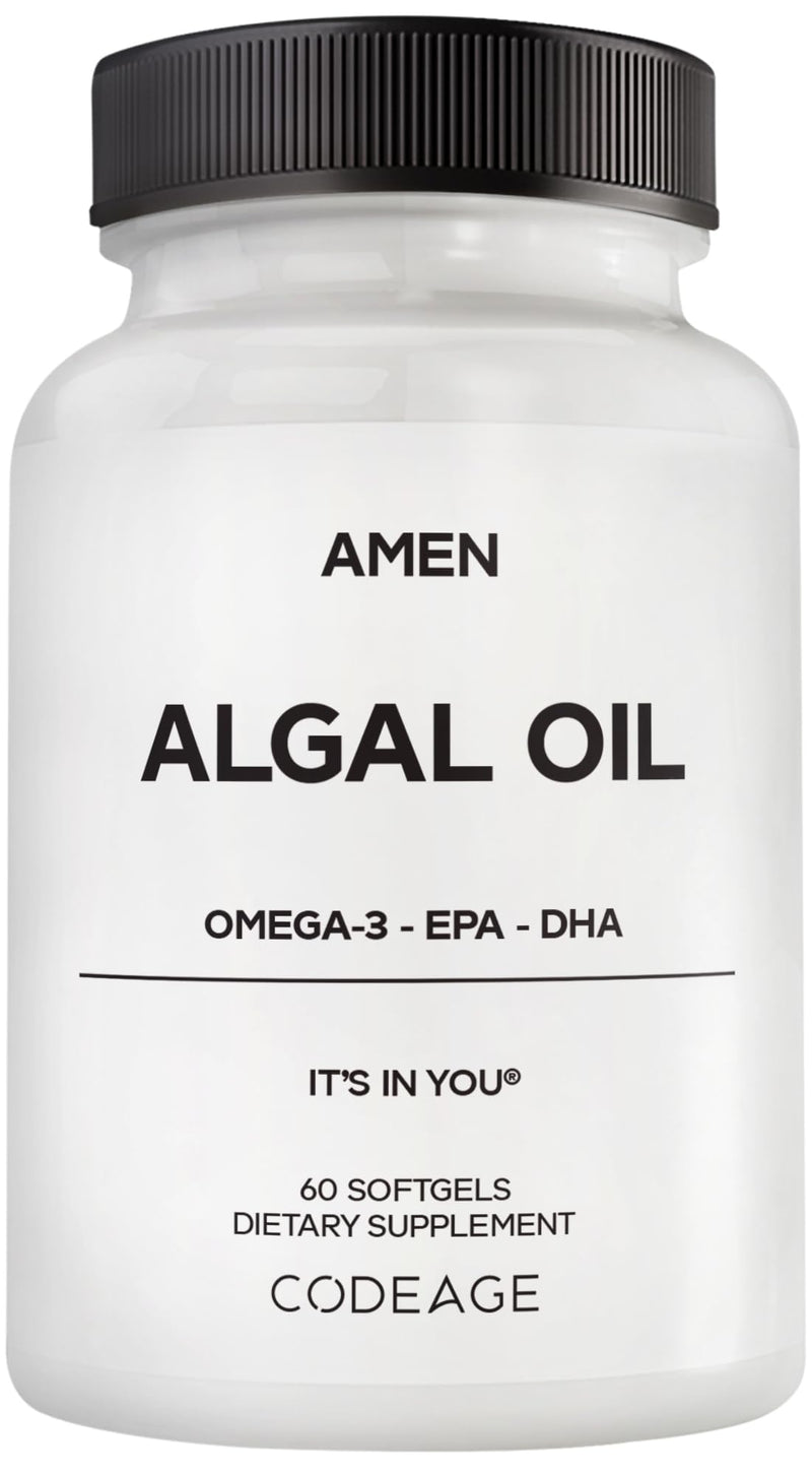 Amen Algal Oil Vegan Omega-3 Supplement, 1000 mg DHA & EPA, 60 Softgels | Plant-based microalgae omega-3, 1000mg DHA & EPA. Vegan, non-GMO.